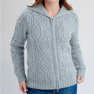 GAELSONG Irish Ireland SAOL Misty Blue ARAN TREE OF LIFE HOODIE Sz Medium